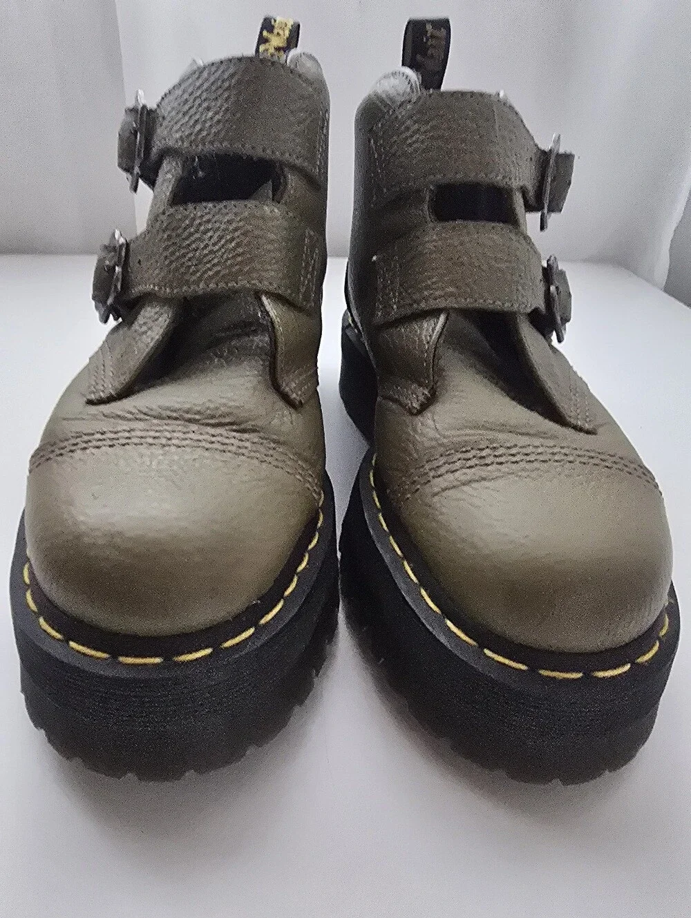 Dr. Martens Devon Flower Buckle Platform Boots Khaki Green US 10